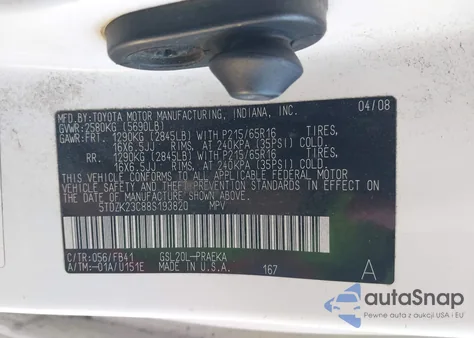 2008 Toyota Sienna Ce из США, поврежденный, VIN 5TDZK23C88S193820